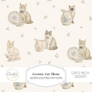 Könnte beinhalten: Ein nahtloses digitales Muster mit Illustrationen von Katzen neben Keramikkrügen, Tellern und Schalen mit blau-rosa Blumenmustern auf cremefarbenem Grund. Der Text lautet Ceramic Cat Theme SEAMLESS PNG PATTERN 12X12 INCH 300DPI.