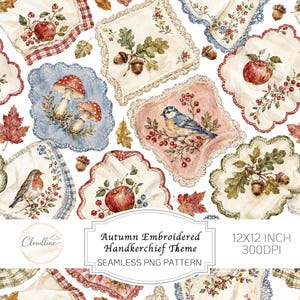 Pañuelo bordado de otoño con patrón sin costuras, estampado floral vintage estilo cottagecore, papel digital de otoño JPG PNG