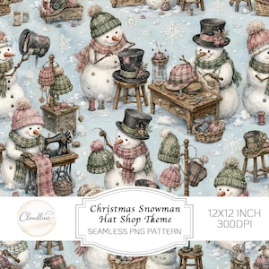Könnte beinhalten: Ein nahtloses digitales Muster mit Schneemännern im Aquarellstil in einem Hutladen. Die Schneemänner tragen Schals und Hüte und interagieren mit Nähmaschinen, Holzhockern, Tischen und Garnkörben auf einem hellblauen Hintergrund mit Schneeflocken.