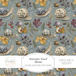 May include: A seamless pattern featuring snails with patterned shells, mushrooms, acorns, blackberries, and autumn leaves on a muted green background. The image includes the text 'Cloudline', 'Autumn Snail Theme', and '12X12 INCH 300DPI'.