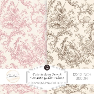 Puede incluir: Dos patrones PNG sin costuras con un diseño Toile de Jouy con un tema de diosa romántica. Un patrón es rosa, el otro marrón, ambos sobre un fondo crema. Cada diseño incluye figuras clásicas, elementos florales y motivos de conchas marinas. Los patrones miden 30,48 x 30,48 cm.