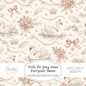 French Swan Toile De Jouy Seamless Pattern, Pink Nursery Digital Paper (Instant Download)