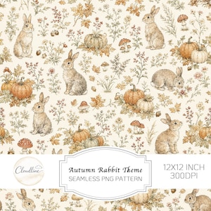 Könnte beinhalten: Ein nahtloses digitales Muster mit braunen Kaninchen, orangefarbenen und weißen Kürbissen, Pilzen und Herbstblättern auf cremefarbenem Grund. Ein zentrales Etikett zeigt den Text: Cloudline, Autumn Rabbit Theme, SEAMLESS PNG PATTERN, 12X12 INCH, 300DPI.