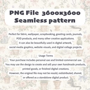 May include: A digital seamless pattern file featuring a repeating motif of cats, potted plants, and flowers on a light background. The image includes text stating PNG File 3600x3600 Seamless pattern, along with usage terms for personal and commercial use.