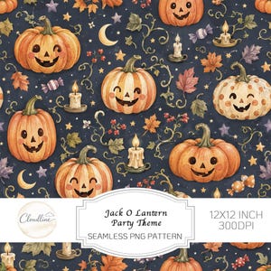 Könnte beinhalten: Ein nahtloses digitales Muster mit orangefarbenen Kürbislaternen, brennenden Kerzen, Herbstblättern, Sternen und Mondsicheln auf dunkelblauem Grund. Das Bild enthält den Text Jack O Lantern Party Theme 12X12 INCH 300DPI.