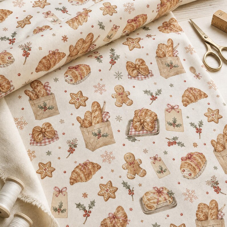May include: A cream-colored fabric featuring a repeating pattern of brown gingerbread men, star-shaped cookies, croissants, baguettes in paper bags, holly sprigs, and snowflakes. The textile is displayed with a pair of gold scissors and thread spools.