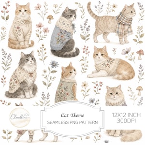 May include: A seamless pattern featuring various cats wearing lace collars and sweaters, interspersed with botanical illustrations of flowers, berries, and mushrooms. The text reads Cloudline Cat Theme SEAMLESS PNG PATTERN 12X12 INCH 300DPI.