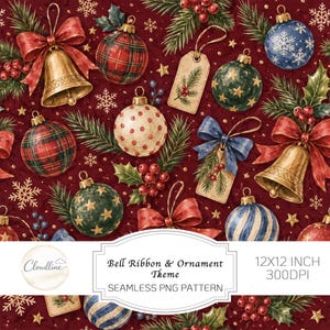 Può includere: Un motivo senza cuciture su sfondo rosso scuro con campane dorate con fiocchi rossi, ornamenti a quadri e a pois, palline blu e verdi con stelle, rami di pino, bacche di agrifoglio ed etichette. Testo: Bell Ribbon & Ornament Theme 12X12 INCH 300DPI.