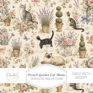 Pode incluir: Um padrão digital sem costuras com vários gatos, plantas de lavanda em vasos de terracota, rosas cor-de-rosa e borboletas azuis sobre um fundo creme. Uma etiqueta branca na parte inferior exibe o texto: Cloudline, French Garden Cat Theme, 12X12 INCH, 300DPI.