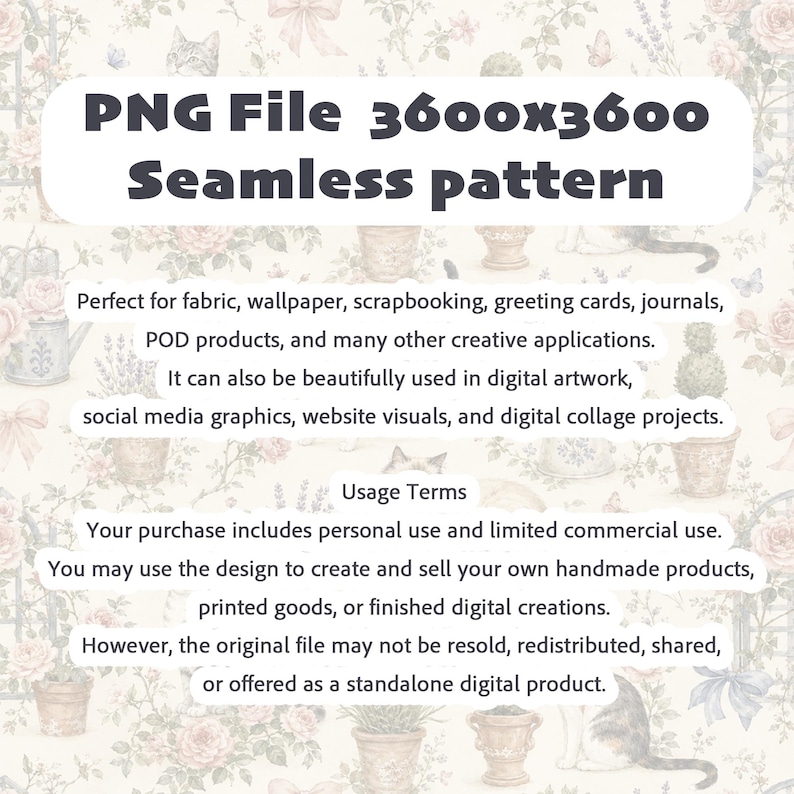 May include: A digital seamless pattern file featuring a repeating motif of cats, potted plants, and flowers on a light background. The image includes text stating PNG File 3600x3600 Seamless pattern, along with usage terms for personal and commercial use.