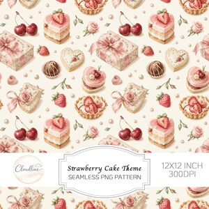 Könnte beinhalten: Ein nahtloses Muster mit herzförmigen Erdbeerkuchen, Kirschen, Geschenkboxen mit rosa Schleifen, Erdbeeren und Rosen auf cremefarbenem Grund. Der Text lautet Cloudline, Strawberry Cake Theme, SEAMLESS PNG PATTERN, 12X12 INCH 300DPI.