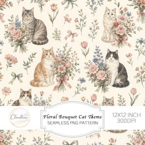 Op de afbeelding: Een naadloos digitaal patroon met diverse katten zittend naast bloemenboeketten met roze rozen, blauwe bloemen en linten op een crèmekleurige achtergrond. De afbeelding bevat de tekst Cloudline, Floral Bouquet Cat Theme, 12x12 INCH, 300DPI.