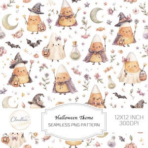 May include: A seamless pattern featuring watercolour illustrations of candy corn characters in witch hats and capes, ghosts, crescent moons, bats, stars, flowers, and potion bottles. Text reads: Cloudline, Halloween Theme, 12X12 INCH 300DPI.