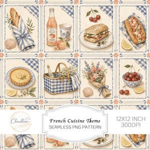 May include: A seamless pattern featuring illustrations of French food and picnic items including baguettes, peach soda, sandwiches, lobster rolls, lemon tarts, a blue gingham picnic basket, flower bouquets, cherries, and seashells on a cream background.