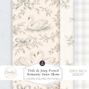 Puede incluir: Colección de patrones PNG sin costuras con un tema romántico de cisnes. Los diseños incluyen ilustraciones de cisnes, elementos florales y lazos en colores pastel suaves. Los patrones miden 30,48 x 30,48 cm y 300 DPI.
