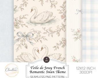 May include: A set of seamless PNG patterns with a romantic swan theme. The designs feature swans, floral elements, and ribbons in pastel colours. The patterns are 30.48 x 30.48 cm and 300 DPI.