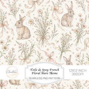 May include: A seamless PNG pattern with a Toile de Jouy French Floral Hare Theme. The design features rabbits, floral bouquets, and ribbons in soft beige, pink, and green tones. The pattern is 30.48 x 30.48 cm and 300 DPI.