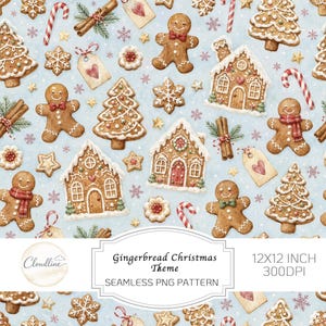 May include: A seamless pattern on a light blue background featuring gingerbread people, gingerbread houses, Christmas trees, candy canes, cinnamon sticks, and gift tags with hearts. The text reads Gingerbread Christmas Theme and 12X12 INCH 300DPI.
