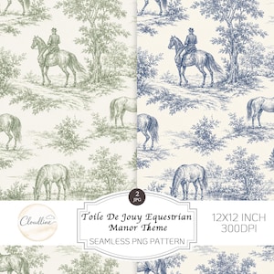May include: A seamless digital pattern featuring a Toile de Jouy equestrian scene with horses and riders in green and blue ink on a cream background. The image includes text: Cloudline, Toile De Jouy Equestrian Manor Theme, 12X12 INCH 300DPI.