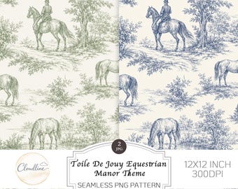 May include: A seamless digital pattern featuring a Toile de Jouy equestrian scene with horses and riders in green and blue ink on a cream background. The image includes text: Cloudline, Toile De Jouy Equestrian Manor Theme, 12X12 INCH 300DPI.