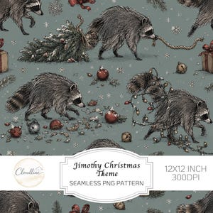 Puede incluir: Un patrón digital sin costuras sobre un fondo verde salvia con mapaches ilustrados, árboles de Navidad, adornos rojos, cascabeles y copos de nieve. El texto dice Jimothy Christmas Theme, 12x12 inch, 300dpi, Seamless PNG Pattern.