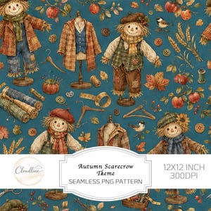 May include: A seamless pattern on a teal background featuring scarecrows, dress forms, sewing notions, apples, wheat, and autumn leaves. The image includes text that reads Autumn Scarecrow Theme 12X12 INCH 300DPI and the Cloudline logo.