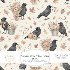 Nahtloses Patchwork-Muster „Autumn Crow Flower Shop“, Vintage-Cottagecore-Blumenstoffdruck, Herbstliches Digitalpapier (JPG/PNG)