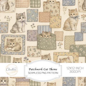 Könnte beinhalten: Ein nahtloses digitales Muster mit einem Patchwork-Design aus Kätzchen und Blumenquadraten. Die Kätzchen sind in verschiedenen Posen dargestellt, einige tragen Schleifen, durchsetzt mit Quadraten aus Vichy-Karos, Punkten und Streifen in gedeckten Blau-, Beige- und Cremetönen.