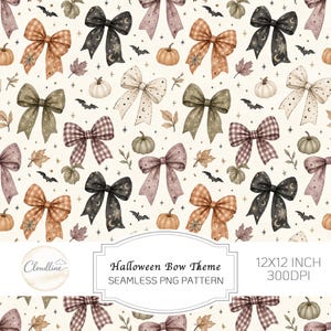 Pode incluir: Um padrão digital sem costuras com vários laços, abóboras, morcegos e folhas de outono num fundo creme. Os laços incluem designs pretos com luas e teias de aranha, xadrez laranja e tons suaves. Texto: Cloudline Halloween Bow Theme SEAMLESS PNG PATTERN 12X12 INCH 300DPI.