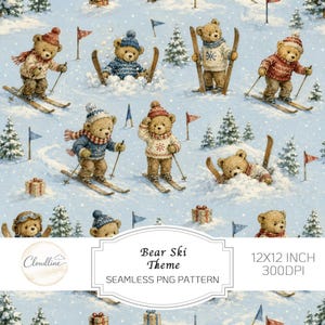 Puede incluir: Un patrón sin costuras con osos de peluche esquiando y jugando en la nieve. Los osos llevan jerséis, gorros y bufandas. La escena incluye pinos, pequeñas banderas y cajas de regalo sobre un fondo azul claro. Texto: Bear Ski Theme.