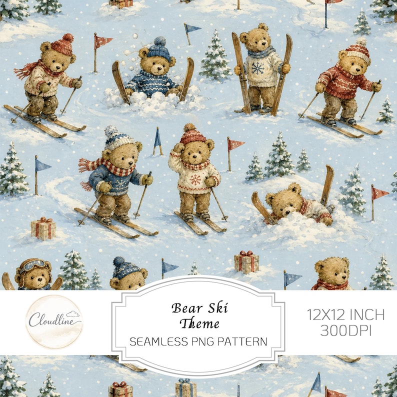 May include: A seamless pattern featuring teddy bears skiing and playing in the snow. The bears wear sweaters, hats, and scarves. The scene includes pine trees, small flags, and gift boxes on a light blue background. Text reads Bear Ski Theme.
