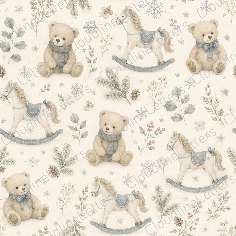 May include: A repeating pattern on a cream background featuring watercolour illustrations of beige teddy bears wearing blue scarves, rocking horses with blue saddles, pine branches, pinecones, and snowflakes. The text CloudlineLetters is visible.