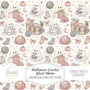 May include: A seamless pattern featuring white ghosts knitting with pink yarn, yarn balls, plaid baskets, socks, pumpkins, stars, moons, and bows. Text reads: Cloudline, Halloween Crochet Ghost Theme, SEAMLESS PNG PATTERN, 12X12 INCH 300DPI.