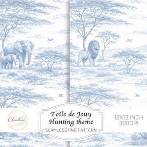 Safari Toile de Jouy nahtlose Muster, blau Vintage Tier Kindergarten digitales Papier (PNG JPG)