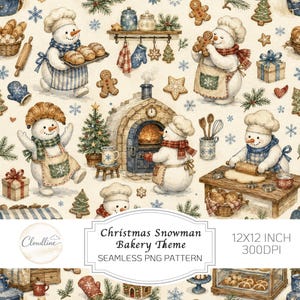 May include: A seamless pattern featuring snowmen dressed as bakers in a kitchen setting with gingerbread cookies, Christmas trees, gifts, and a stone oven. The text reads Christmas Snowman Bakery Theme, 12X12 INCH, 300DPI, and Cloudline.
