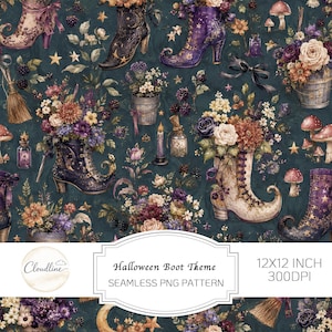 May include: A seamless digital pattern featuring ornate boots filled with floral arrangements, mushrooms, stars, candles, and brooms on a dark teal background. The text reads Halloween Boot Theme, 12X12 INCH, 300DPI, and Cloudline.