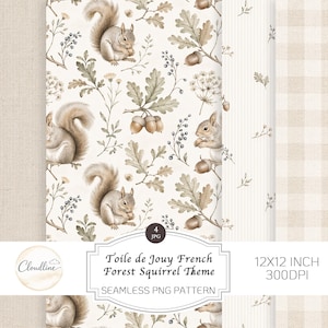 May include: A seamless pattern featuring watercolor illustrations of squirrels, acorns, and oak leaves in shades of beige, brown, and green. The design includes the text "Toile de Jouy French Forest Squirrel Theme" and is 12x12 inches.