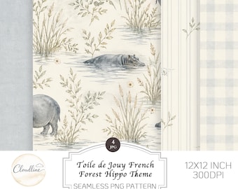 May include: A seamless PNG pattern with a Toile de Jouy design, depicting hippos in a forest. The pattern includes illustrations of hippos, tall grass, and foliage. The design is 30.48 x 30.48 cm at 300 DPI.