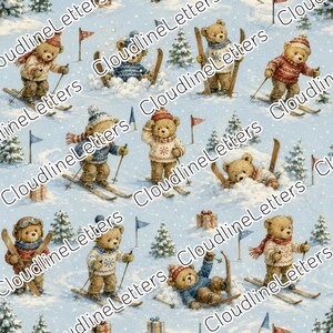 May include: A repeating pattern on a light blue background featuring brown teddy bears skiing, falling in snow, and standing in winter gear. The bears wear knit sweaters, hats, and scarves, surrounded by small pine trees, gift boxes, and flags.