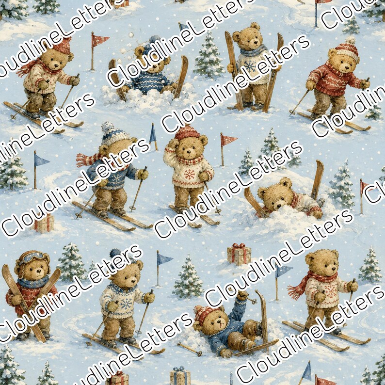 May include: A repeating pattern on a light blue background featuring brown teddy bears skiing, falling in snow, and standing in winter gear. The bears wear knit sweaters, hats, and scarves, surrounded by small pine trees, gift boxes, and flags.