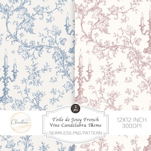 May include: Two seamless patterns with a French toile de Jouy design. One is blue, the other is pink, both featuring vine and candelabra motifs on a cream background. The patterns are 12x12 inches and 300 DPI. The text reads "Toile de Jouy French Vine Candelabra Theme".