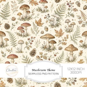 Può includere: Un motivo senza cuciture con vari funghi, felci, pigne, ghiande e lumache su sfondo color crema. Il testo recita Cloudline, Mushroom Theme, SEAMLESS PNG PATTERN, 12x12 inch 300dpi. Toni terrosi marroni e verdi.