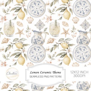 May include: A seamless pattern featuring yellow lemons, blue and white ceramic plates, pitchers, glasses with rosemary, seashells, and starfish. Text reads: Cloudline, Lemon Ceramic Theme, SEAMLESS PNG PATTERN, 12X12 INCH, 300DPI.