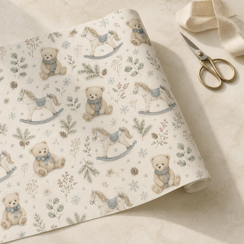 May include: A roll of wrapping paper featuring a repeating pattern of light brown teddy bears wearing blue scarves, white rocking horses with blue saddles, pine branches, pinecones, and snowflakes on a cream-coloured background.