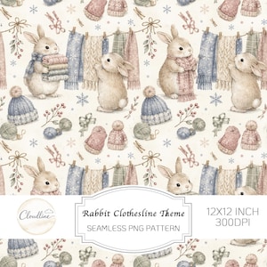 Op de afbeelding: Een naadloos patroon met aquarelillustraties van konijnen, wintermutsen, sjaals en bollen wol op een crèmekleurige achtergrond. Tekst: Cloudline, Rabbit Clothesline Theme, SEAMLESS PNG PATTERN, 12X12 INCH 300DPI.