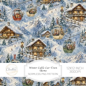 May include: A seamless digital pattern featuring a snowy mountain landscape with wooden chalets, glowing street lamps, and cable cars carrying gifts and passengers. The design includes the text Winter Cable Car Town Theme 12X12 INCH 300DPI.
