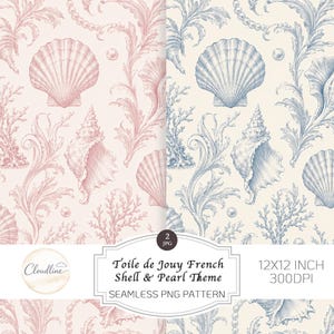 May include: Seamless PNG pattern featuring a Toile de Jouy design with seashells, pearls, and coral in pink and blue hues. The pattern is 12x12 inches at 300 DPI. The design includes the text "Toile de Jouy French Shell & Pearl Theme".