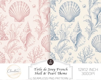 May include: A seamless PNG pattern with a Toile de Jouy design, featuring seashells, pearls, and coral in pink and blue. The pattern is 30.48 x 30.48 cm at 300 DPI. The design includes the text "Toile de Jouy French Shell & Pearl Theme".