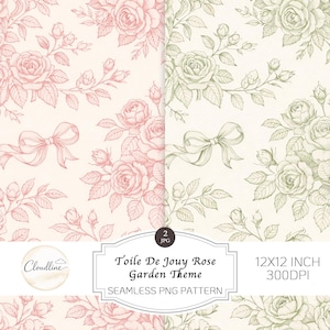 Peut inclure: Deux motifs sans couture avec des illustrations de roses en rose et vert sur fond crème. Les motifs comprennent des roses, des feuilles et des nœuds. Le texte indique "Toile De Jouy Rose Garden Theme" et "12x12 inch 300DPI".
