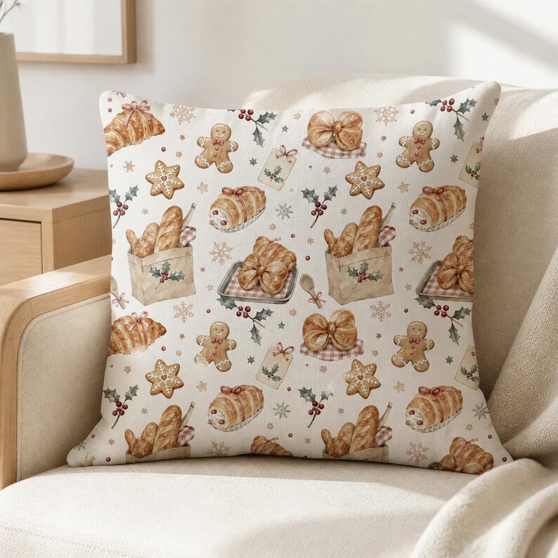 May include: A square throw pillow featuring a repeating pattern of watercolor illustrations including gingerbread people, croissants, baguettes in paper bags, star-shaped cookies, holly berries, and bows on a light cream-colored background.